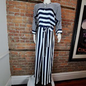VTG Mollie Parnis Jumpsuit Navy White Stripes Belt Dolman Sleeves 1970s Size S